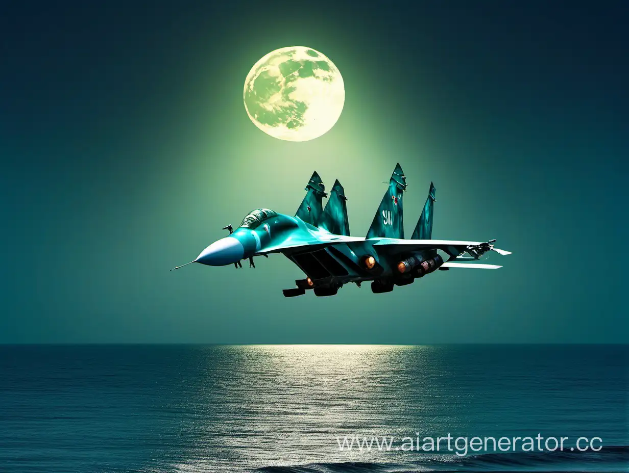 Самолет Су-34, на фоне моря, луны, 4k 