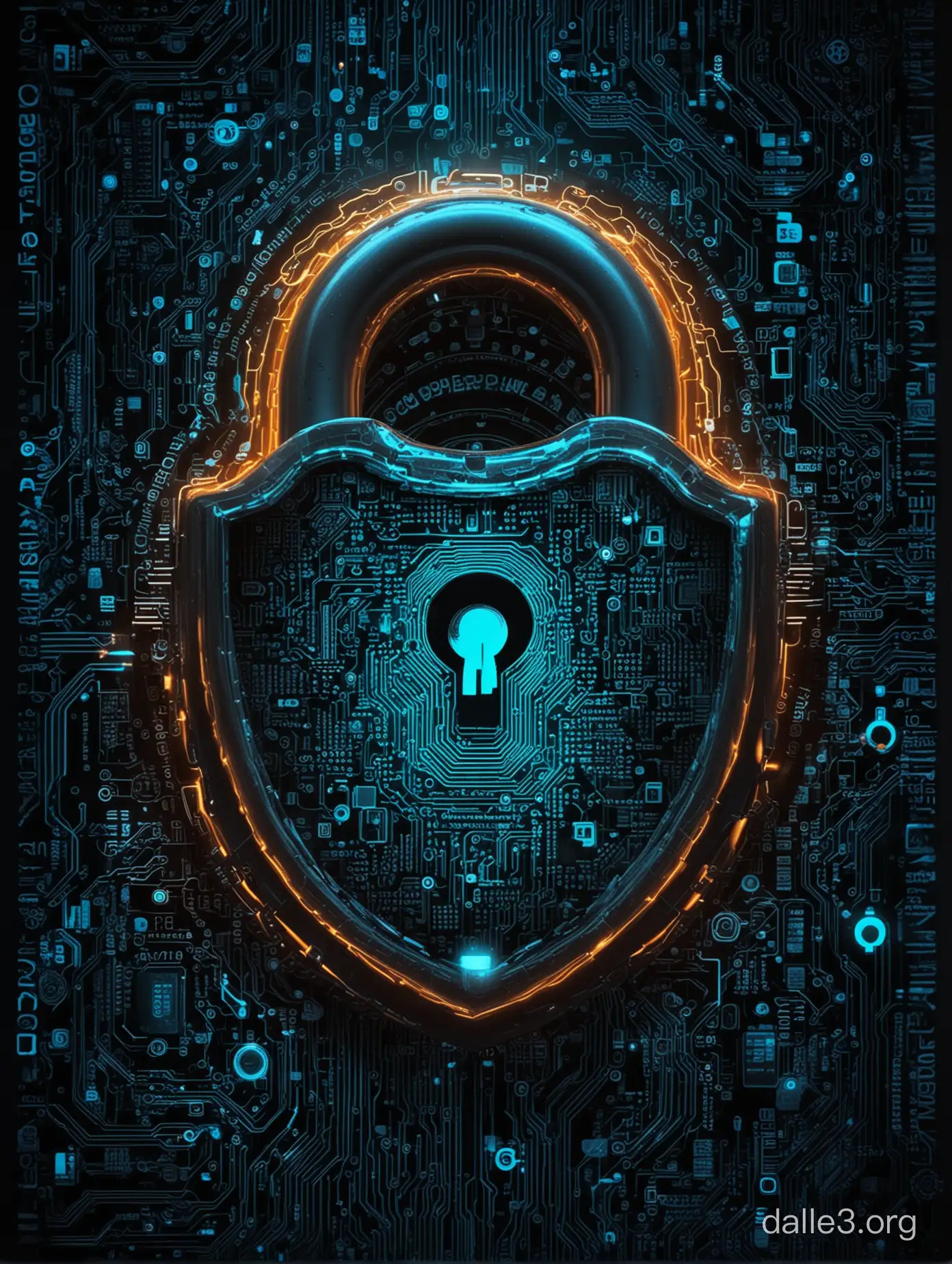 Cybersecurity Awareness Poster: Futuristic digital-themed design with a lock and key motif intertwined with circuit board patterns. Glowing neon accents and binary code elements adding a tech-savvy vibe. Incorporation of cybersecurity icons, such as shields, firewalls, and encryption symbols. Bold typography with a modern, techy font, emphasizing the importance of cybersecurity practices. Inclusion of statistics or facts highlighting the risks of cyber threats and the need for personal and organizational security measures.