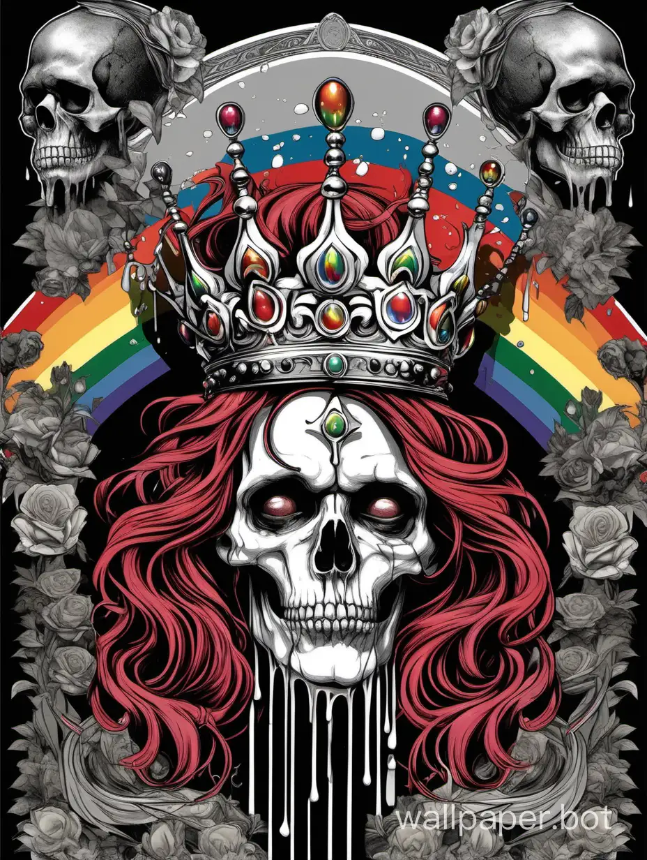 skull wearing a ornamental rainbow dripping crown, embarassed expression, assimetrical, alphonse mucha, poster, hiperdetailed,  black,white, gray, red, hipercontrast