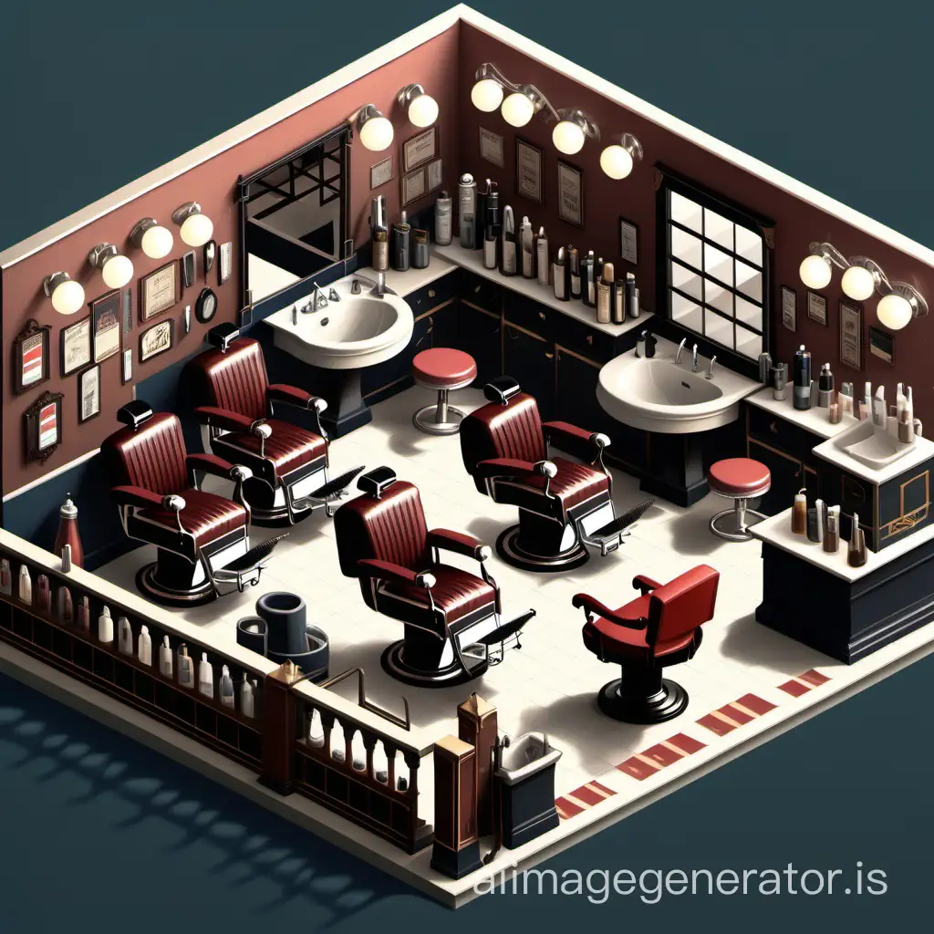 a barber shop with lots of chairs and sinks, gentleman's club lounge, canva, saloon, isometry, highly detailed, well - rendered,