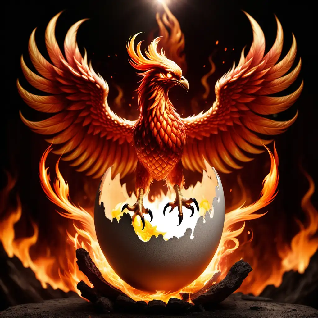a phoenix rising from an open egg surrounded by fire