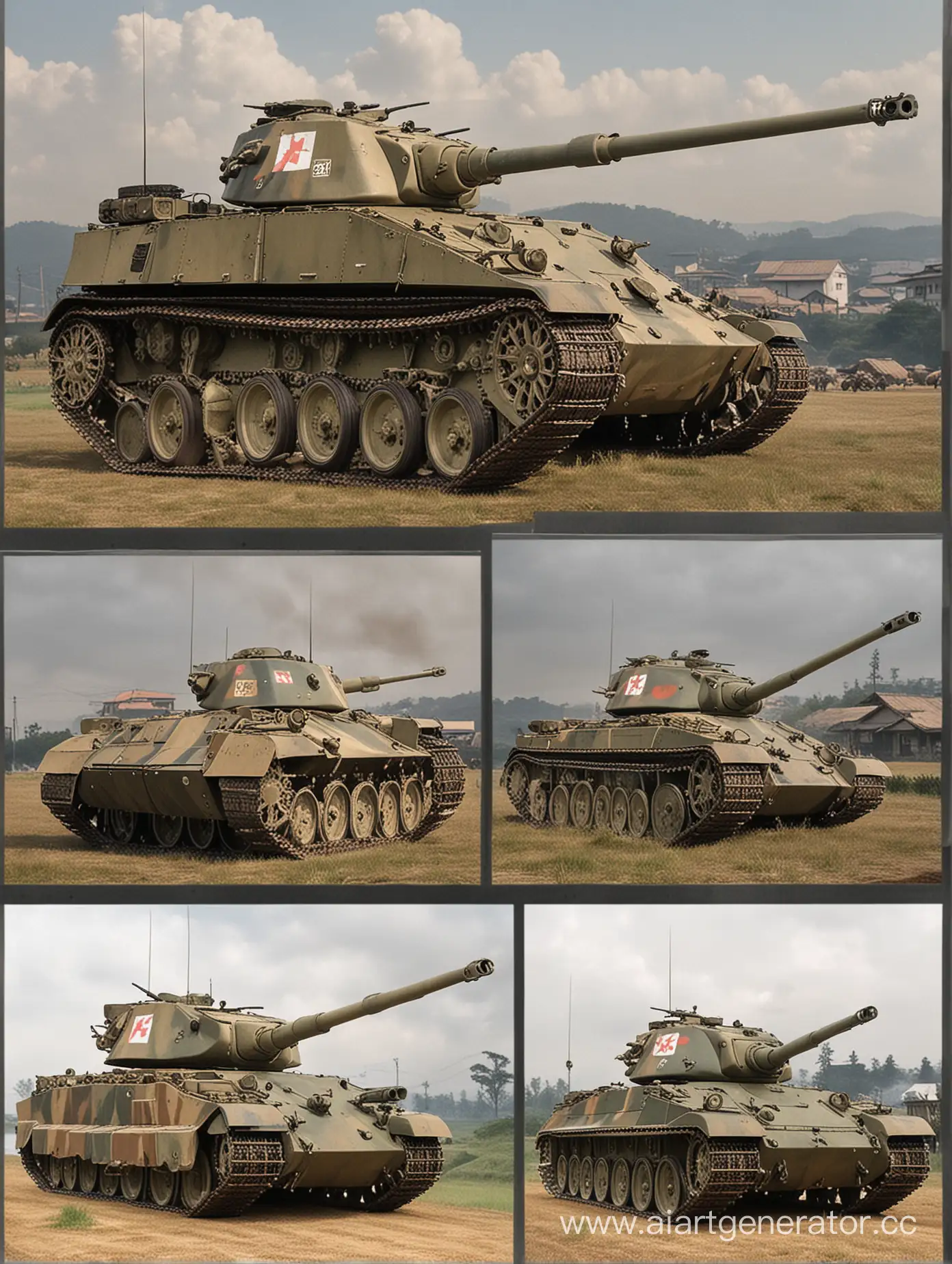 тяжелый танк японии по типу "type 97 chi-ha" с чертами немецких танков по типу "king tiger" или "maus", учитывай немекие черты такие как толстая броня и острые углы, но так же учитывай японские черты, простые круглые башни, и сама конструкция тоже простая,танк должен быть большой