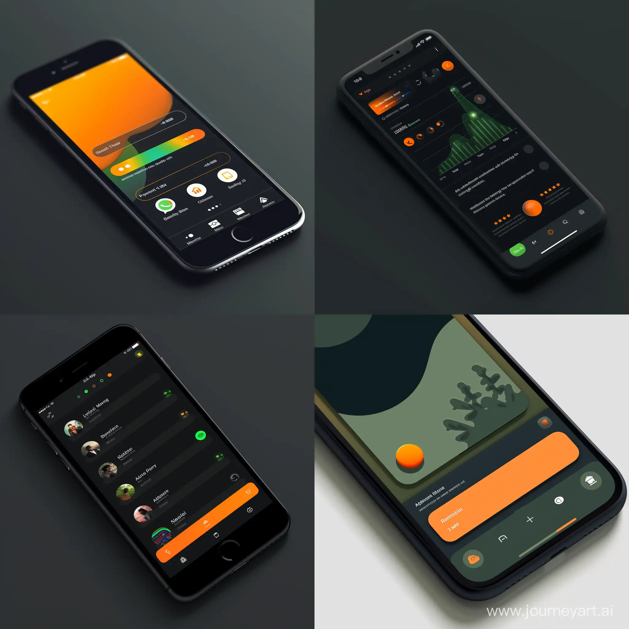 modern ios app navigation bar at bottom of app
main color - dark
color 1 - green
color 2 - orange
