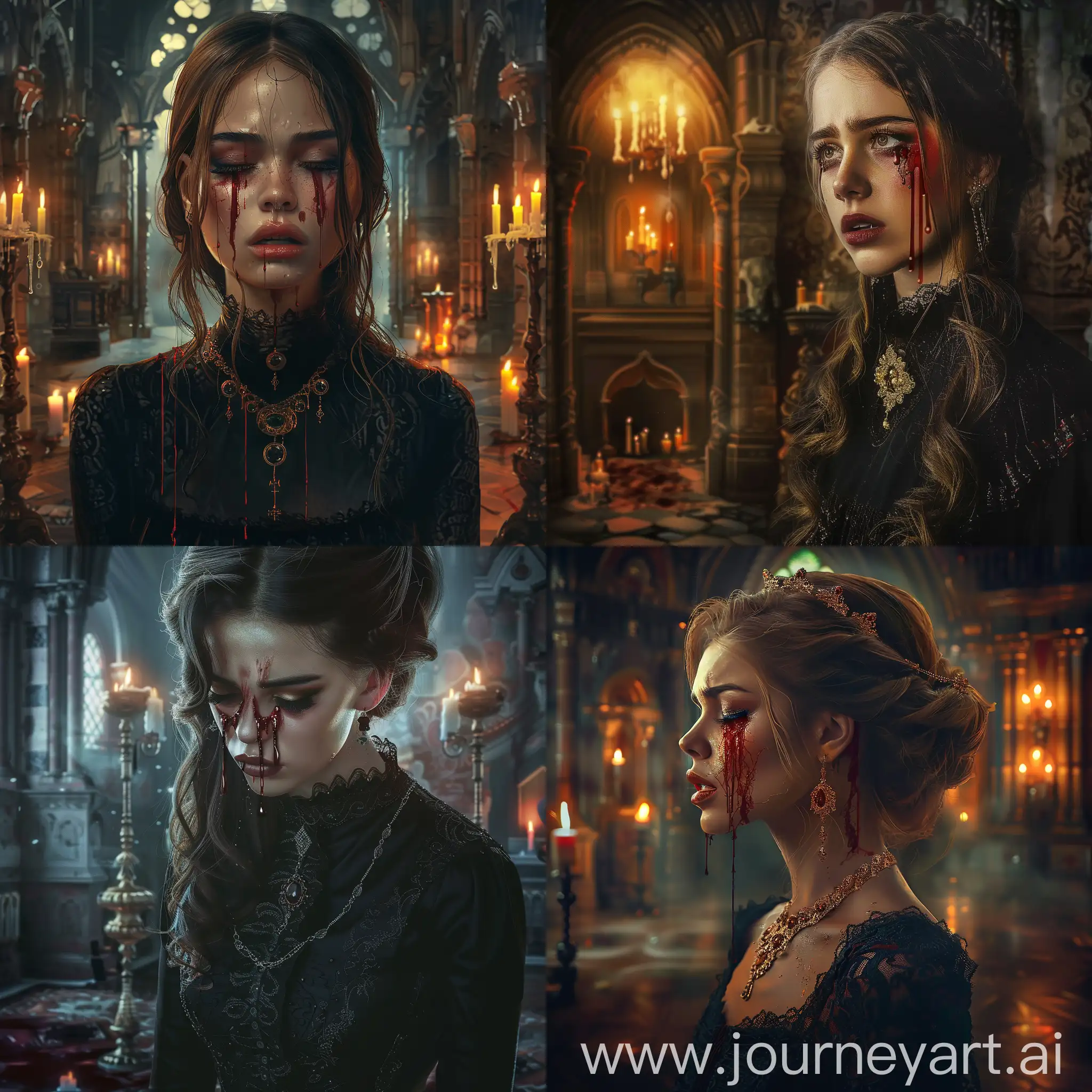 A gothic image of a beautiful Victorian woman crying blood down her cheeks. Background is a candle lit castle room. Beautiful magical mysterious fantasy surreal highly detailed