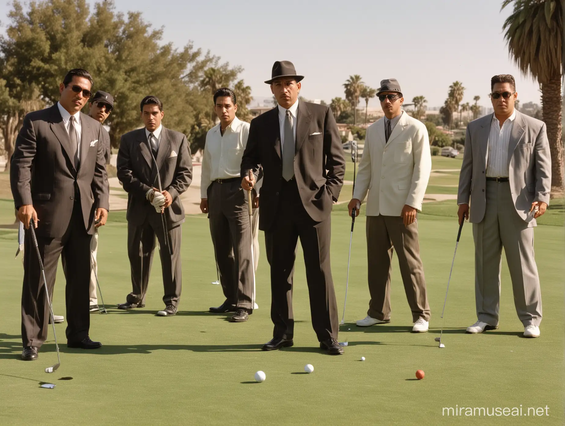 Cool hispanic male gangsters playing golf in 1990s los angeles