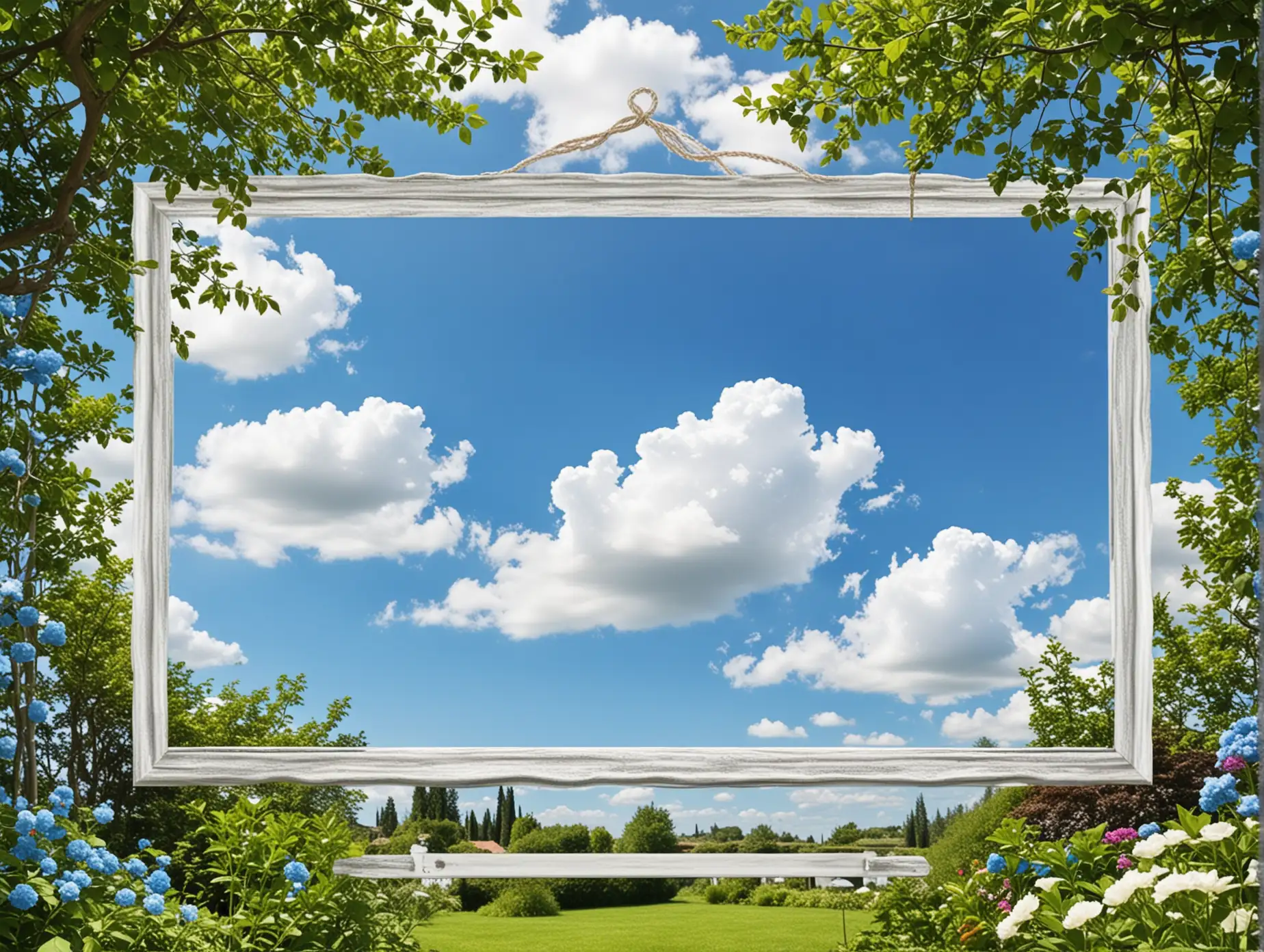 Tranquil Garden Scene with Blue Sky and White Clouds