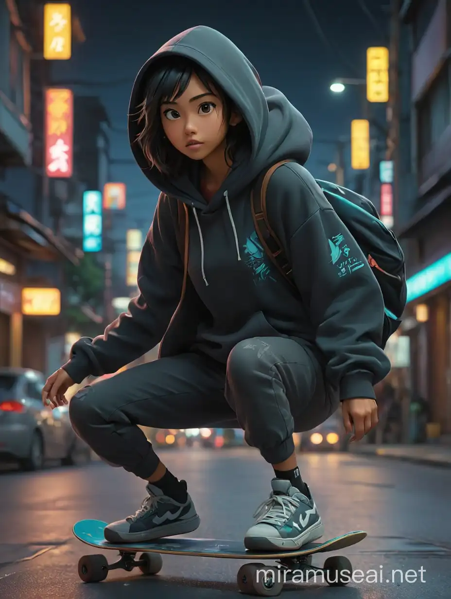 a indonesian woman riding a skateboard down a street at night, realist style mixed with fujifilm, indonesian style 4 k, inspired by Liam Wong, cinematic. by leng jun, cyberpunk realist girl in hoodie, by Liam Wong, makoto shinkai cyril rolando, ross tran 8 k, realist style. 8k, realist. soft lighting, black haired girl wearing hoodie