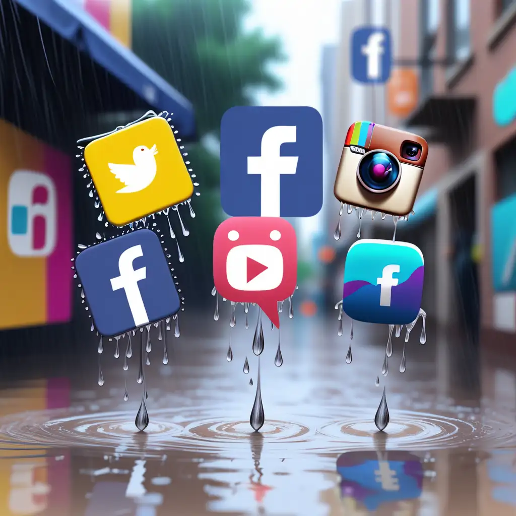Social Media Icons Dance in Rain Facebook Instagram TikTok YouTube Logos Celebrate Together