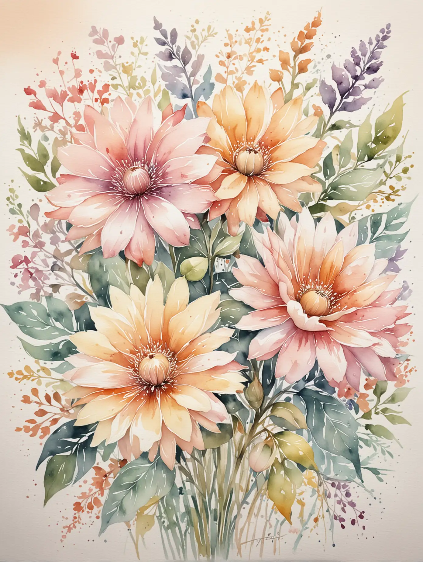 coquette watercolor flowers in soft colors, radiating positivity and joy 
