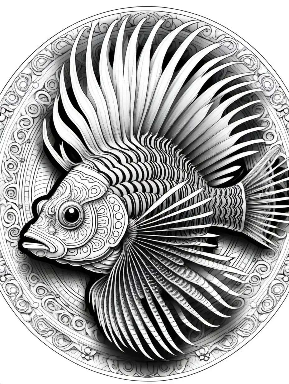 Detailed Black and White 3D Symmetrical Mandala Featuring a Lion Fish
