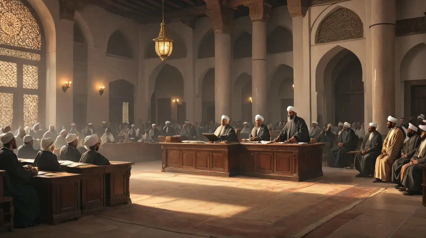 Generate a vector image of an 18th century Islamic old judiciary law court and an Islamic Judge is sitting in the court and working