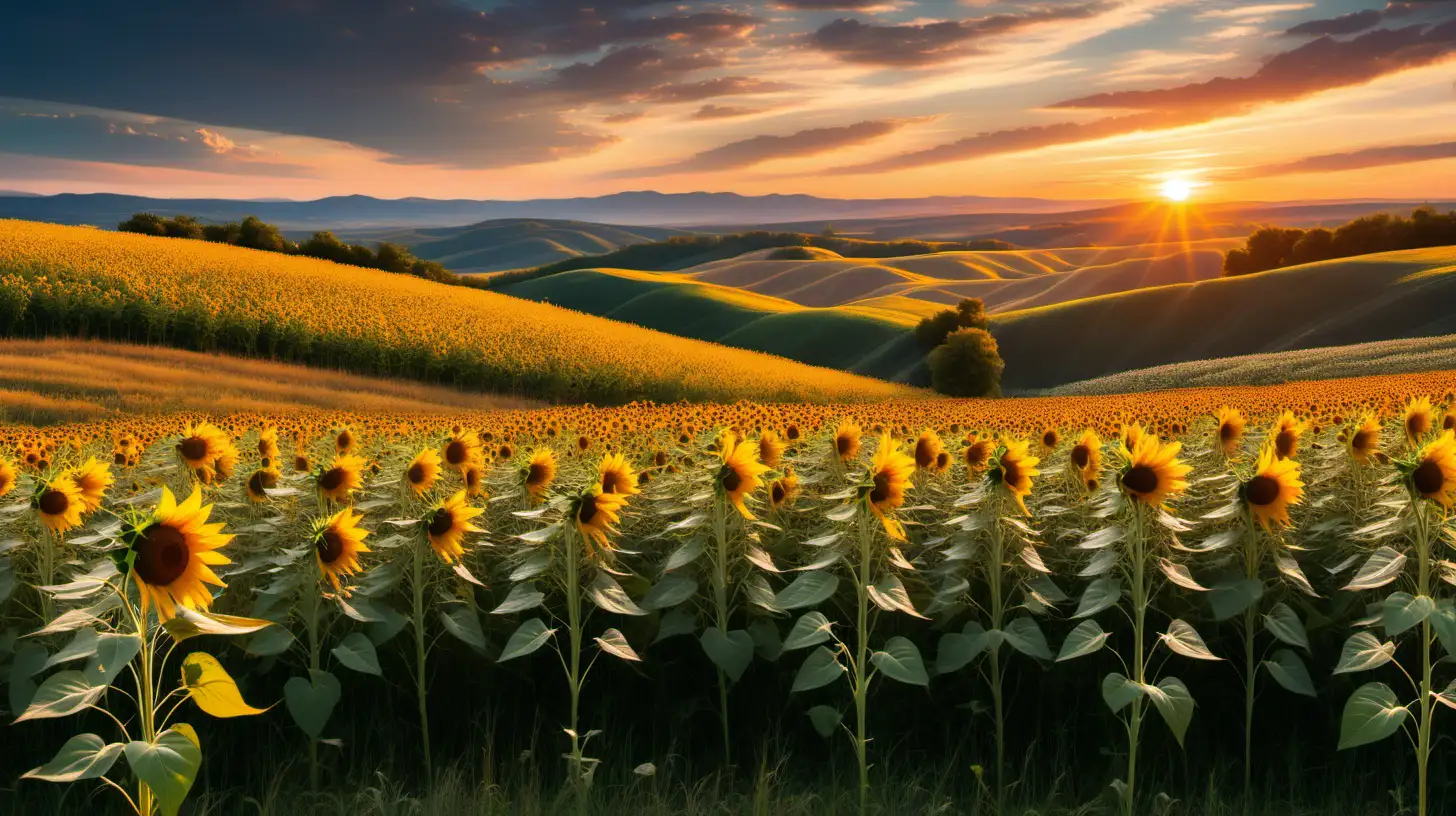 Vibrant Sunset Over Wild Sunflower Field and Rolling Hills