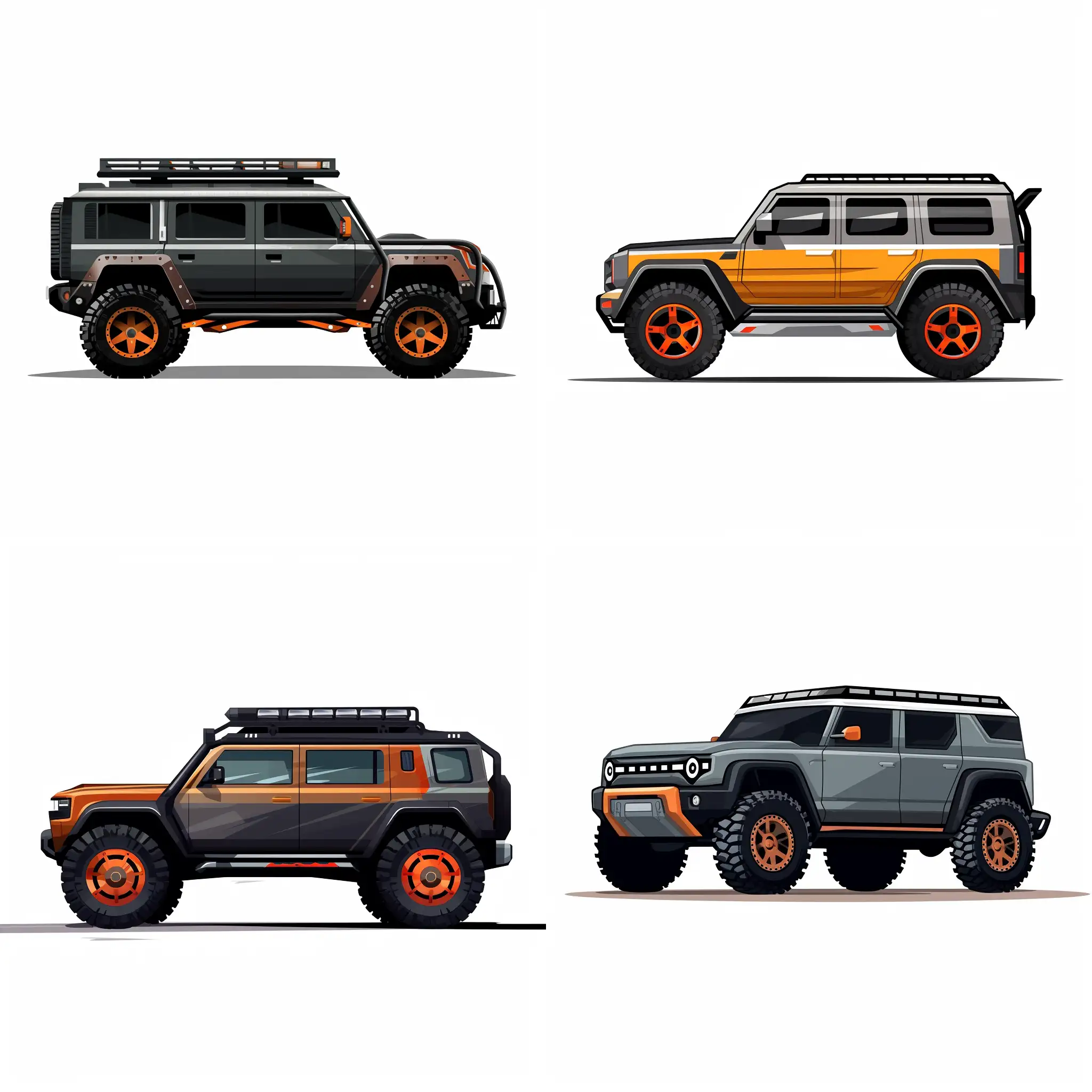 single off road ready car icon from side view with very big tiers, futuristic car, 2d flat colors, white background