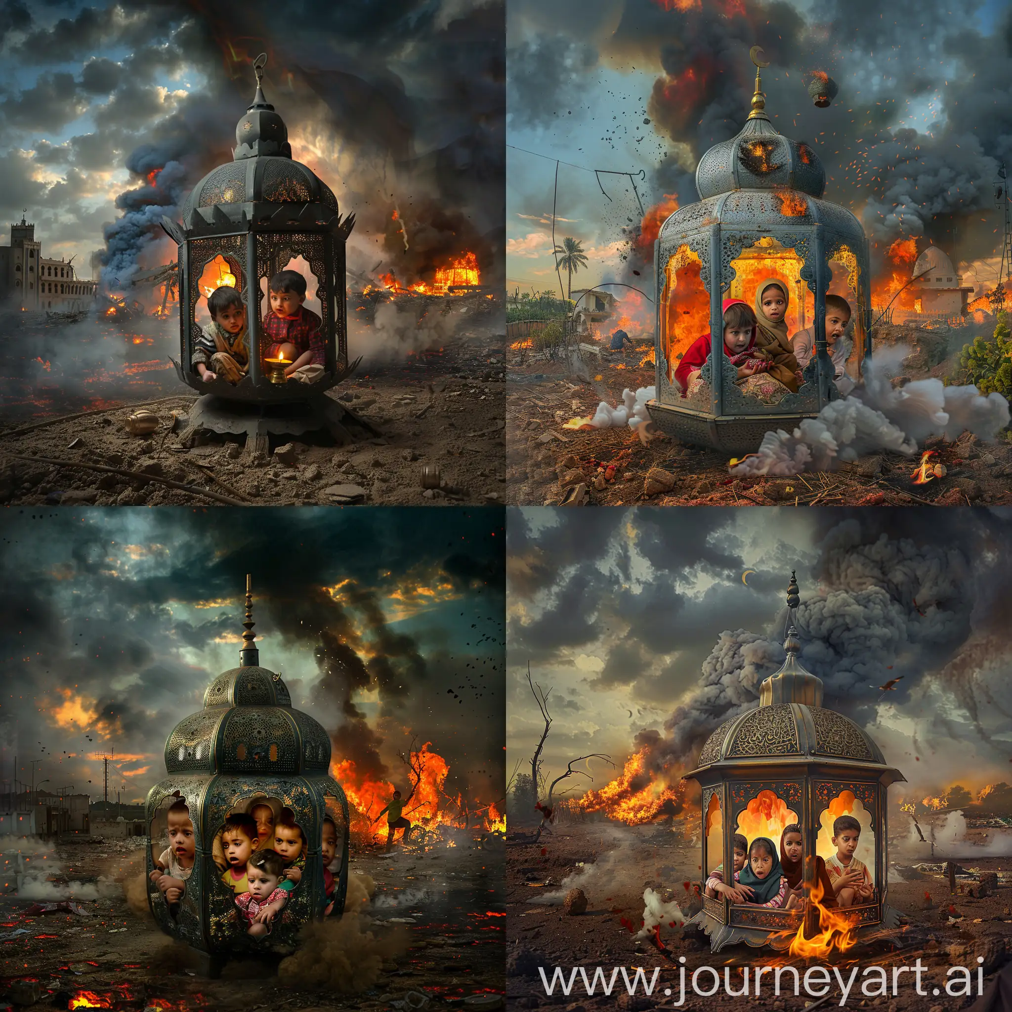 Frightened children sitting inside a large Ramadan lantern placed on the ground, with fire, destruction and smoke in the background