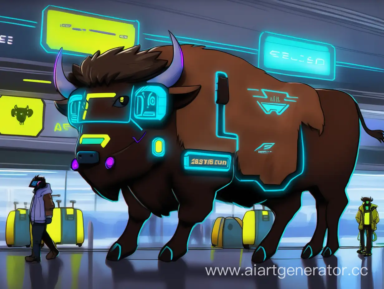 Cyberpunk-Traveling-Bison-in-NeonLit-Airport