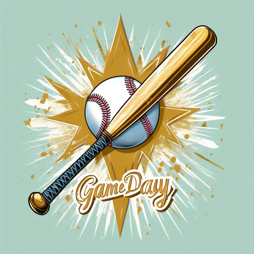 GAME DAY STACKED ON TOP OF EACH OTHER,  BASEBALL AND BAT, DISTRESSED, PASTEL, GOLD LIGHTNING BOLT DOWN THE CENTER, WHITE BACKGROUND
