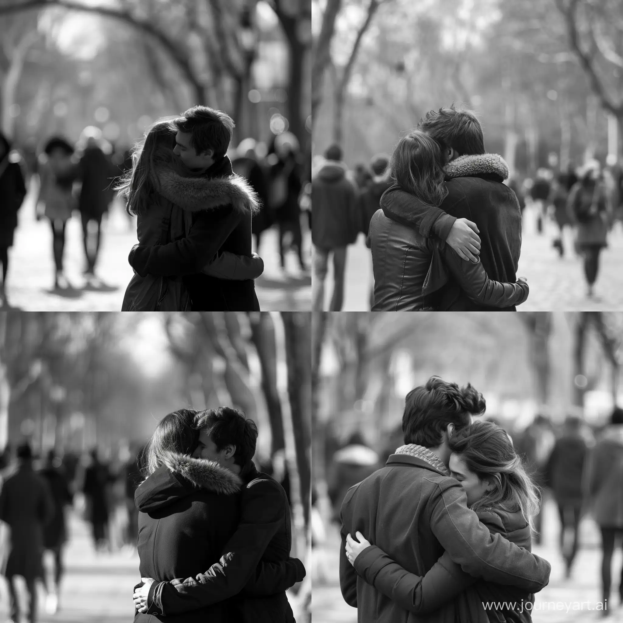 2 innamorati, di spalle abbracciati, in un parco, con persone che passeggiano sfuocate, stile bianco e nero 