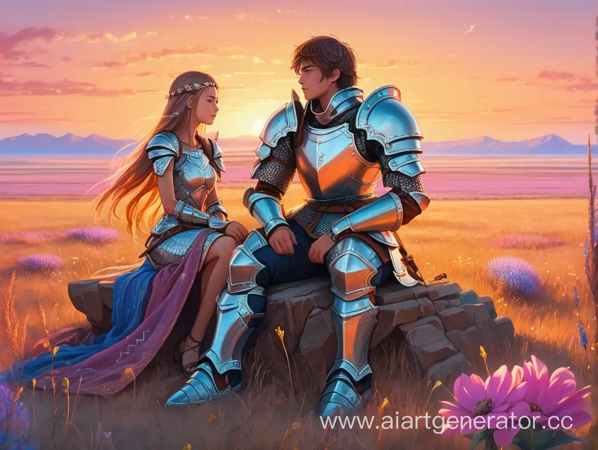 Юноша и девушка в броне сидят в цветущей степи, очень красиво и красочно, рассвет