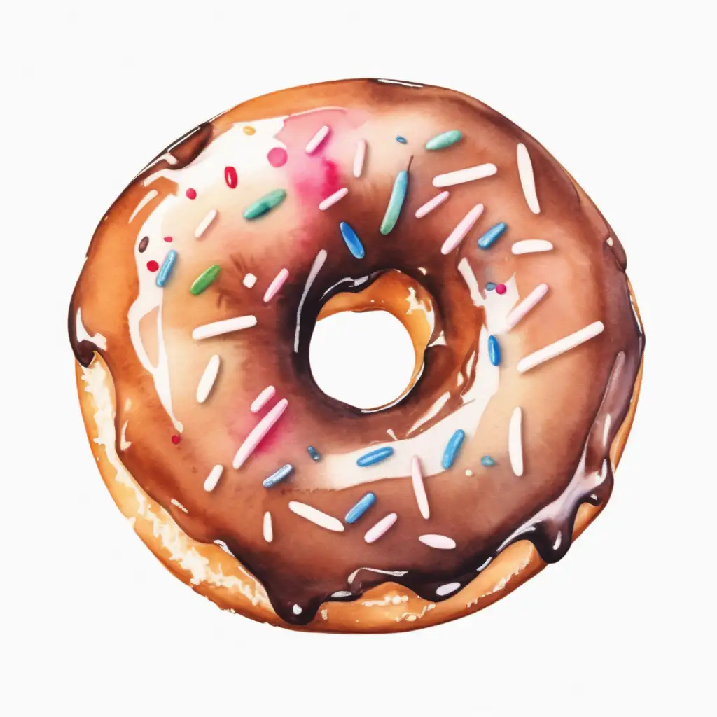 Watercolor styled, single donut, with white background