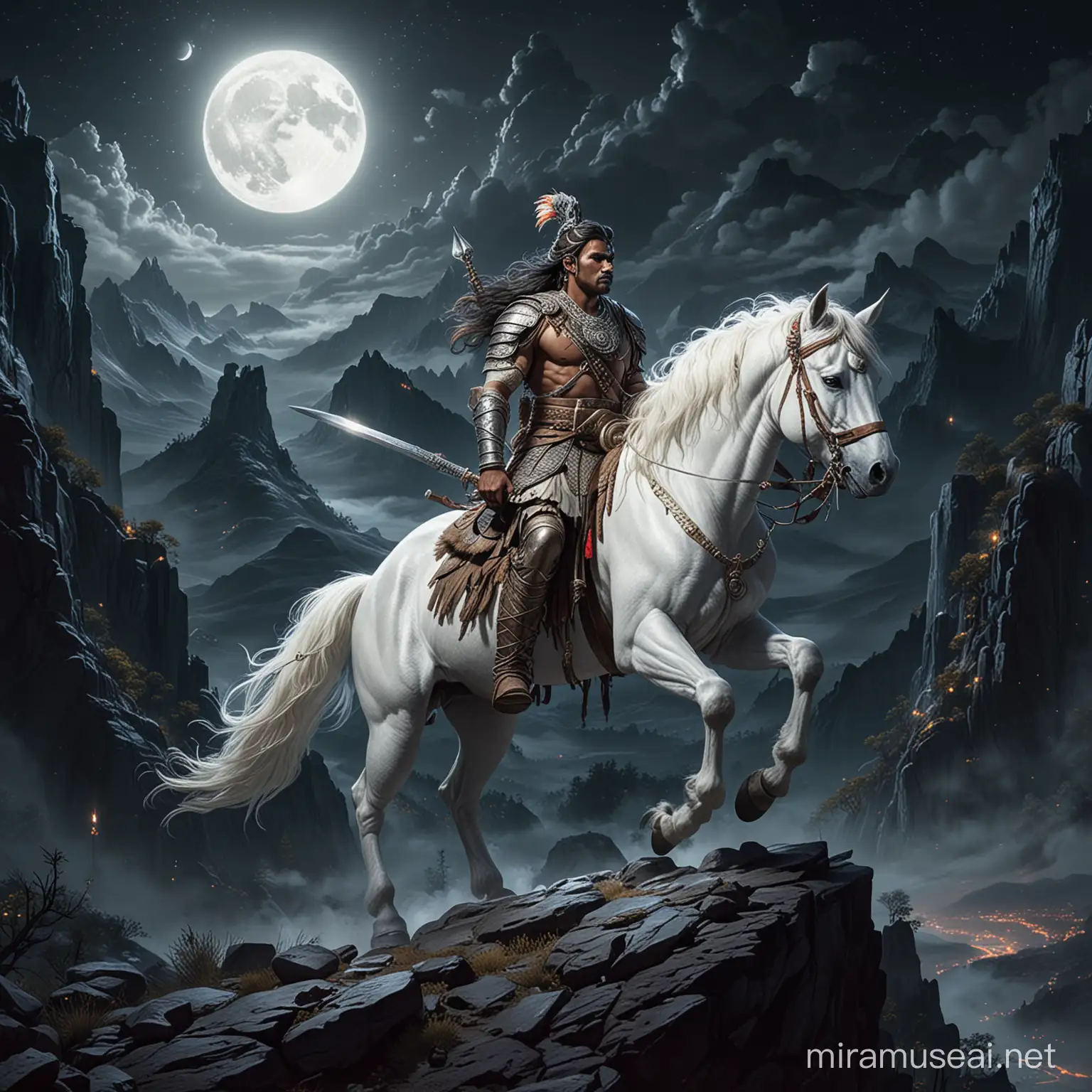 An indian warrior, on a mountain edge, on a white unicorn, Night Time, dark environment, Moon light, in a mountainous environment