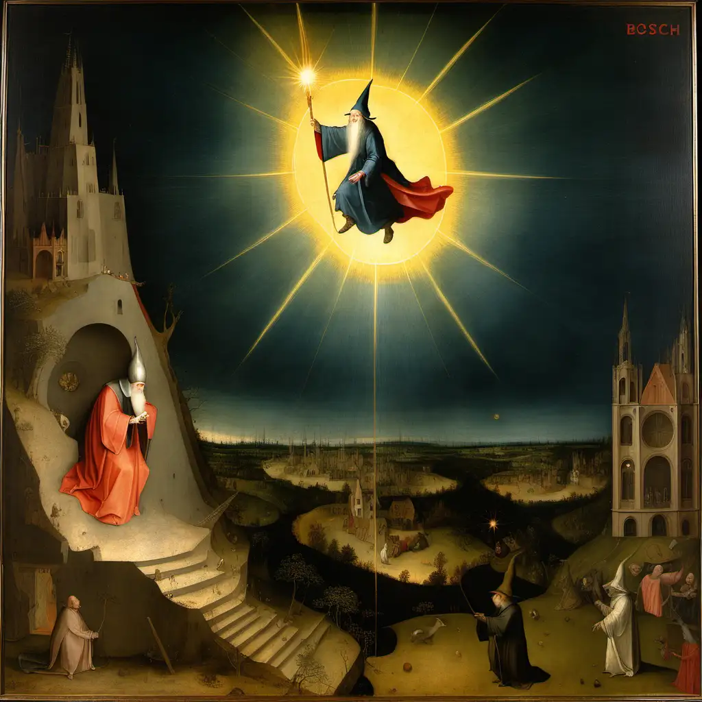 bosch painting depicting a wizard riding on a beam of light