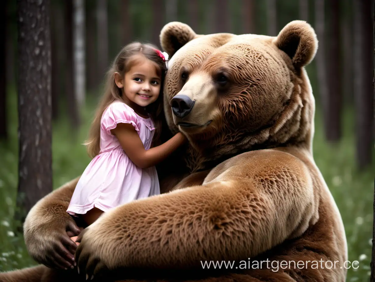 Бурый большой реальный медведь в обнимку маленькой девочкой