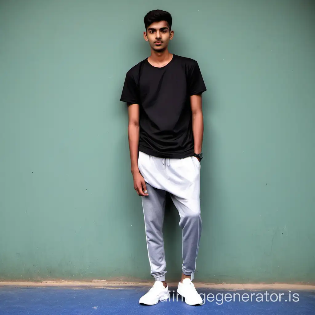 Slim indian 20-year-old man , more curling short hair, black T-shirt, grey trackpants, white sneakers