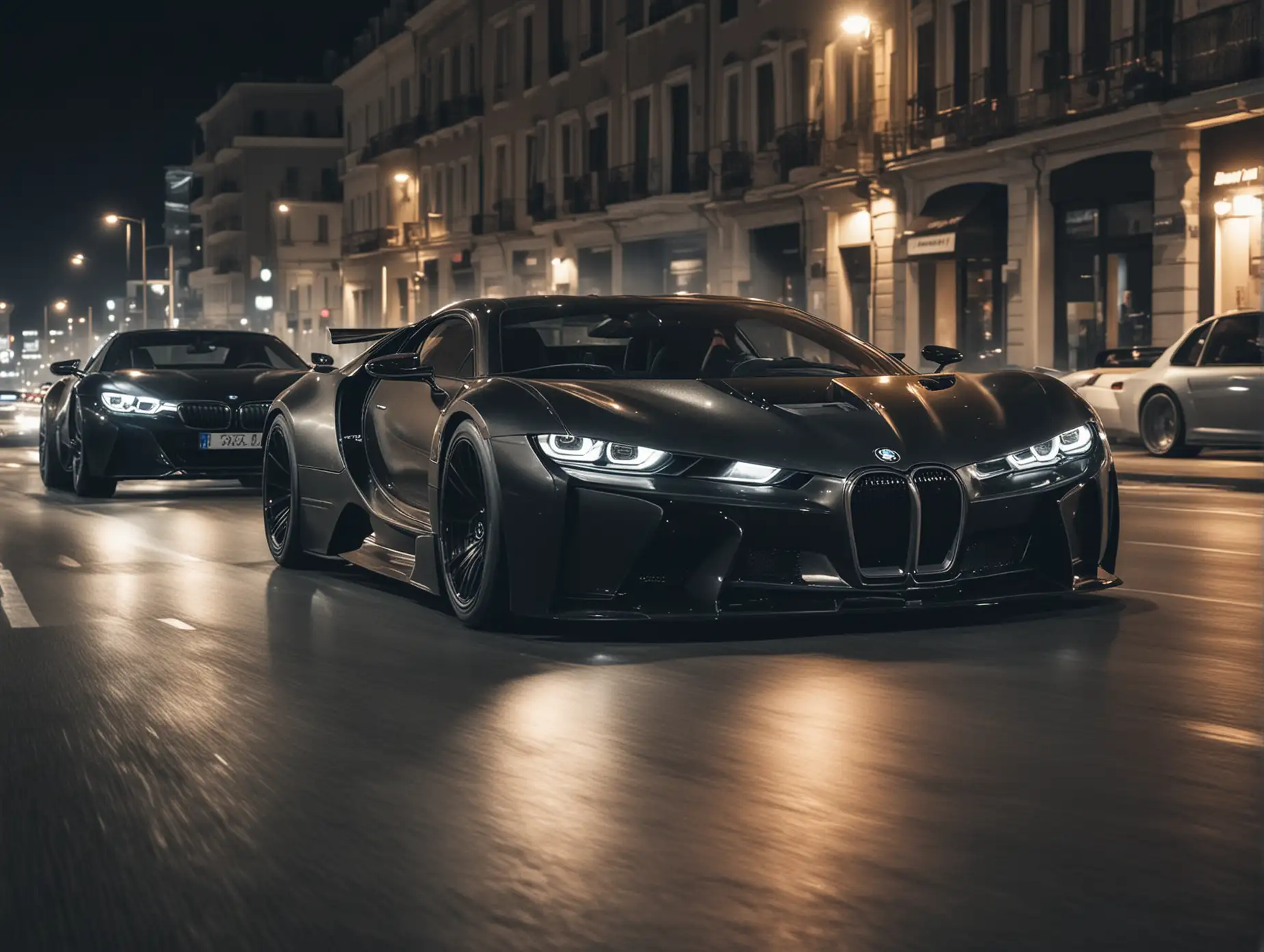 driving and drifting in a tuned BMW  and Bugatti  concept in the street night Black colors in the background