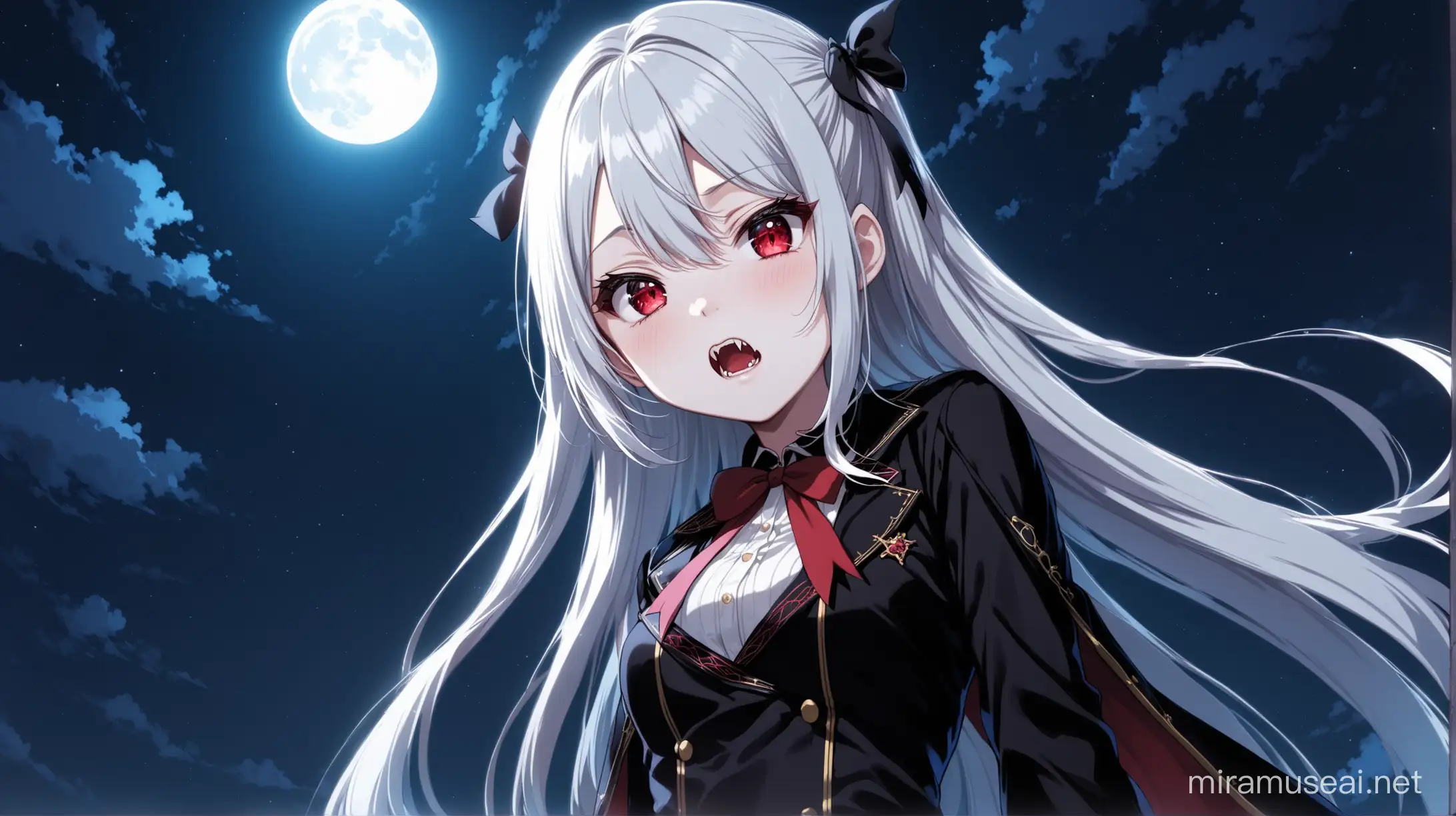 Aesthetic ((1girl)), ((Hina Sorasaki/Blue Archive)), ((petite body)), a young and cute vampire girl, long silver hair, vampire fangs and red eyes, school grounds, low angle, from below, night, Dutch angle, full moon, high detail, best quality, detailed eyes, wearing a black outfit with detached sleeves, crazed expression, wide irises, cold expression, standing, moonlight, two side up hairstyle, ((looking at viewer)), ((close-up shot))