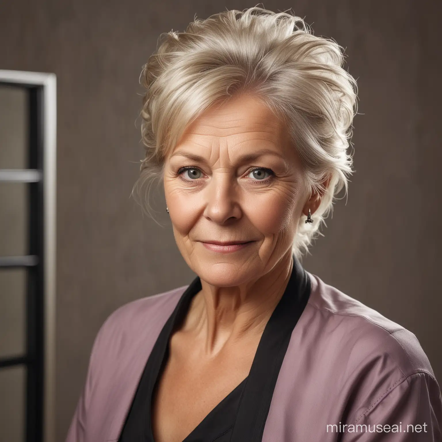 realistic photo portrait of a 59-yearold swedish lady who works as a hairdresser. she is warm and friendly, likes her job and customers.