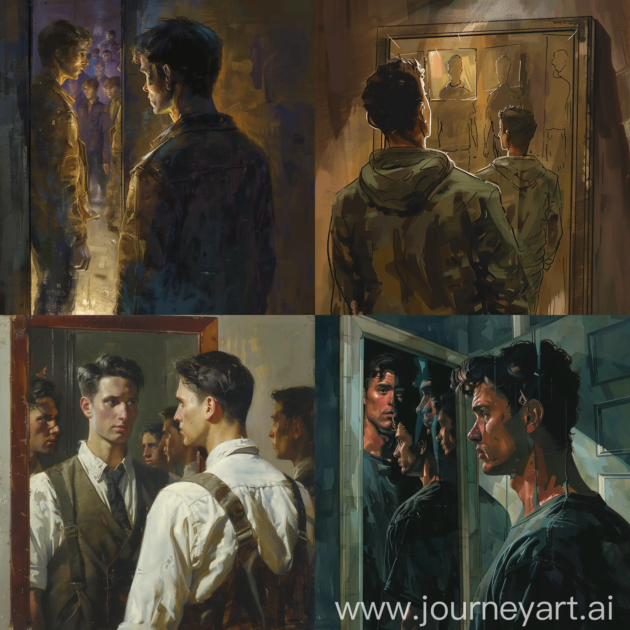 A guy looking in the mirror, but instead of seeing his own reflection, he sees multiple people in the mirror.