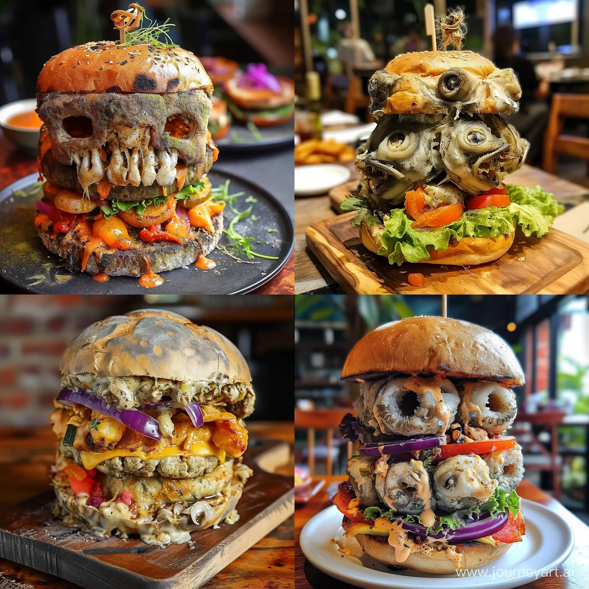 A disgusting burger made of rotten fish heads, rotten vegetables and moldy bread --v 6 --style raw