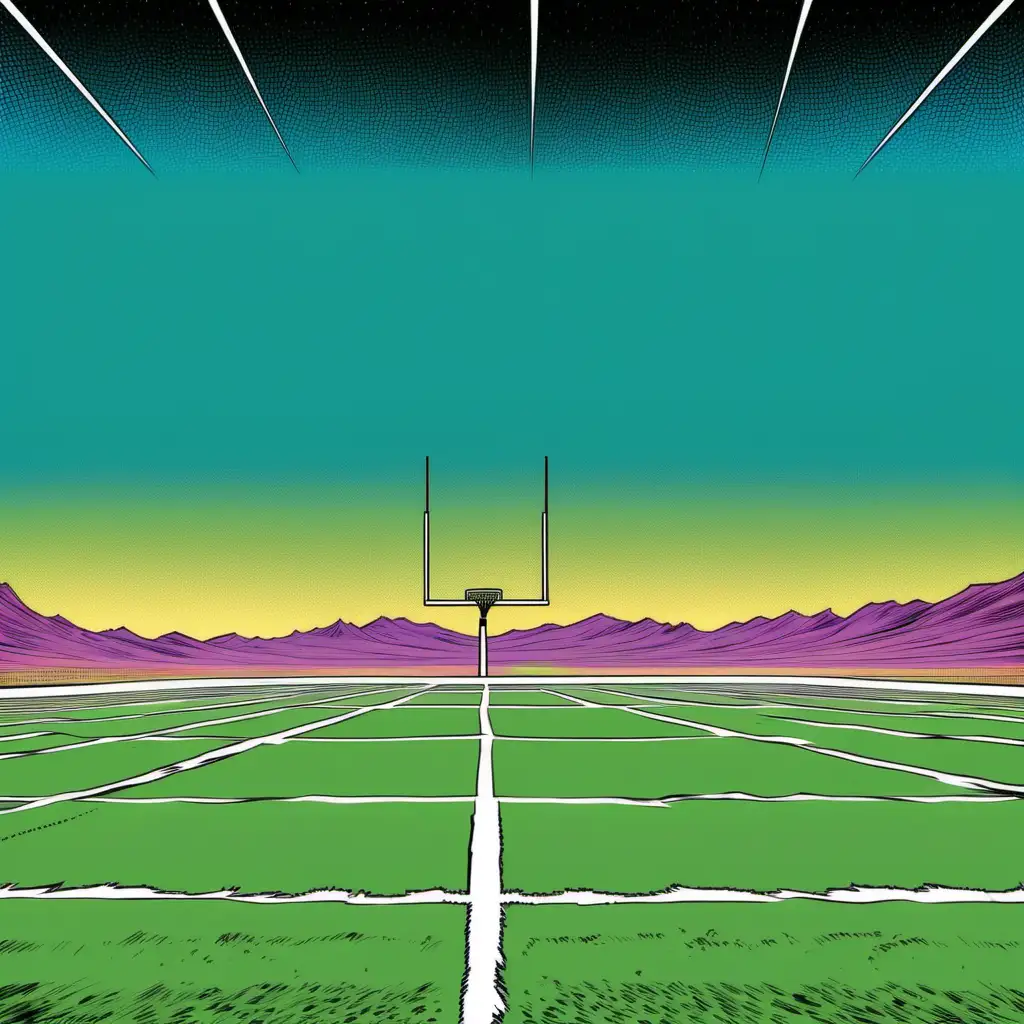 [field goal posts in the distance on an empty field]
[in the style of 70s comic book art]