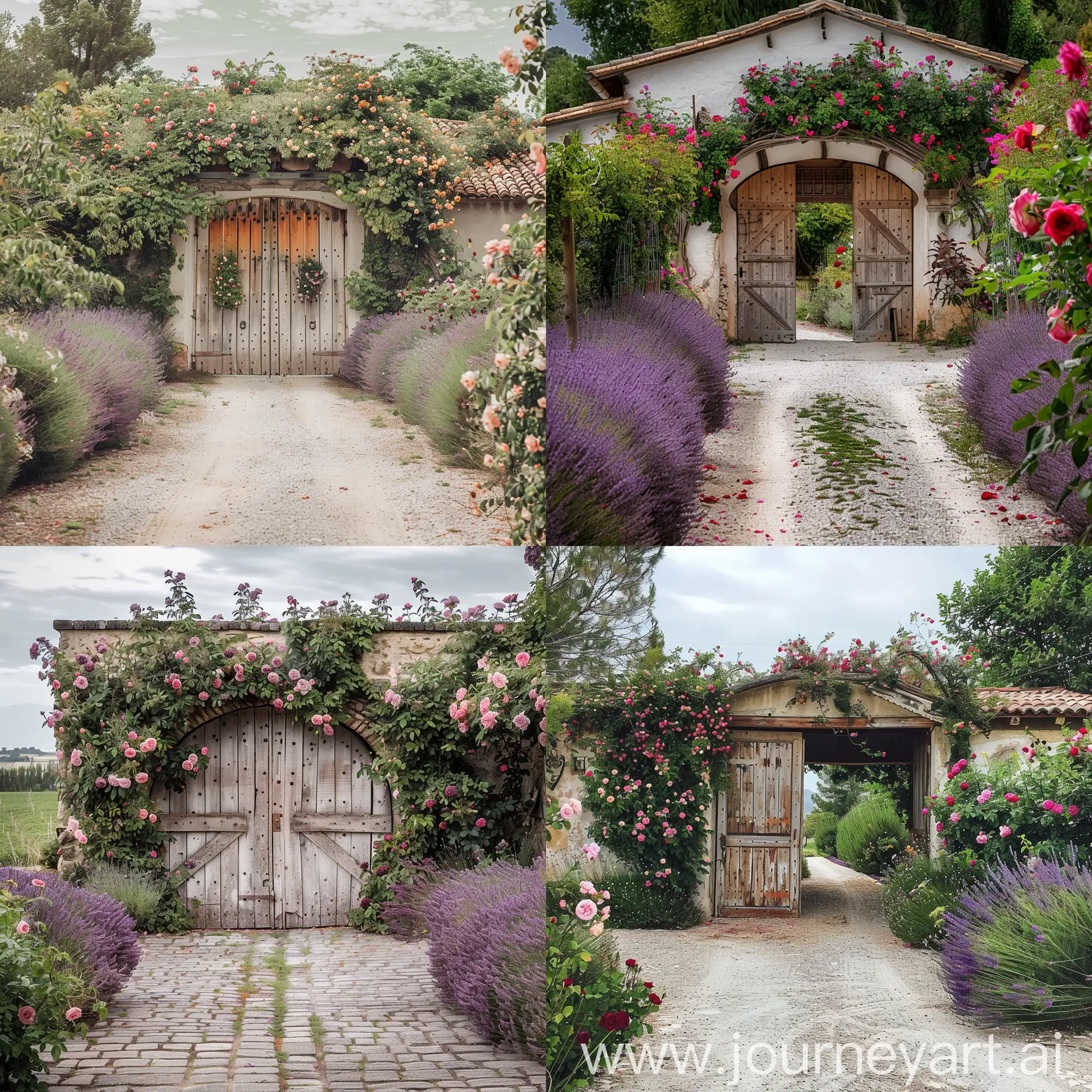Alte Türen und Tore und Einfahrten umrankt mit Rosenbüschen und Lavendel 