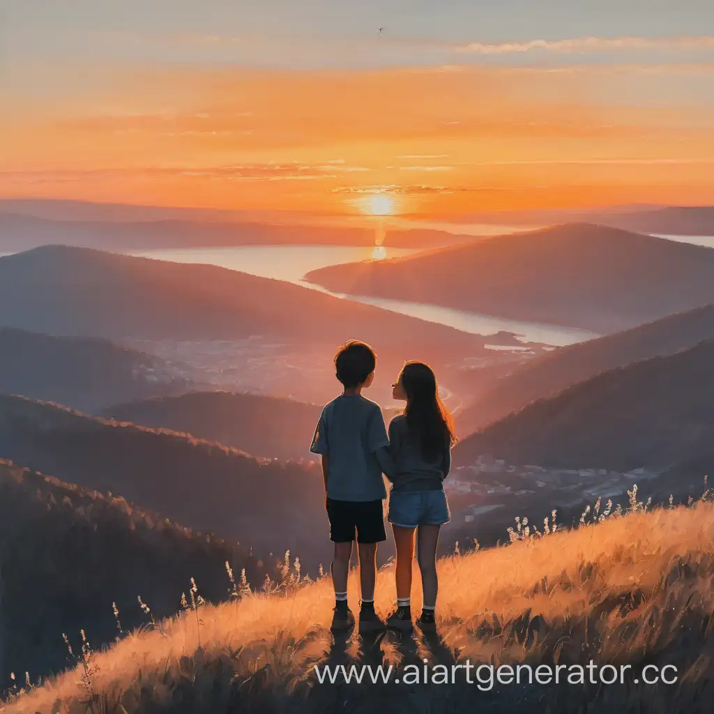 Adventurous-Sunset-Stroll-Boy-and-Girl-Enjoying-Mountain-Views