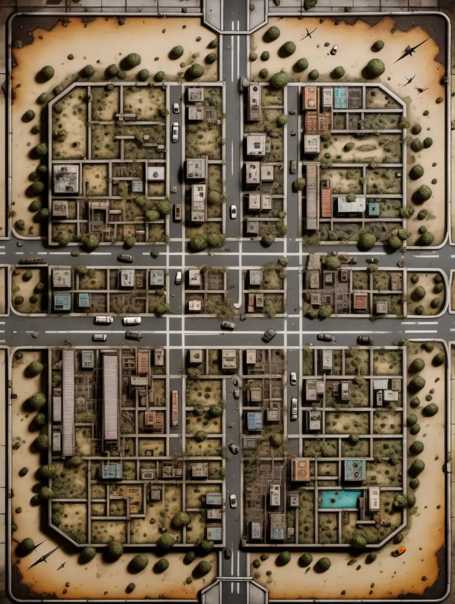 A board for a post-apocalypse themed board game, representing a straight top-down satellite view of a street plan of an abandoned American town, but without the towers on the corners. The buildings should have roofs.