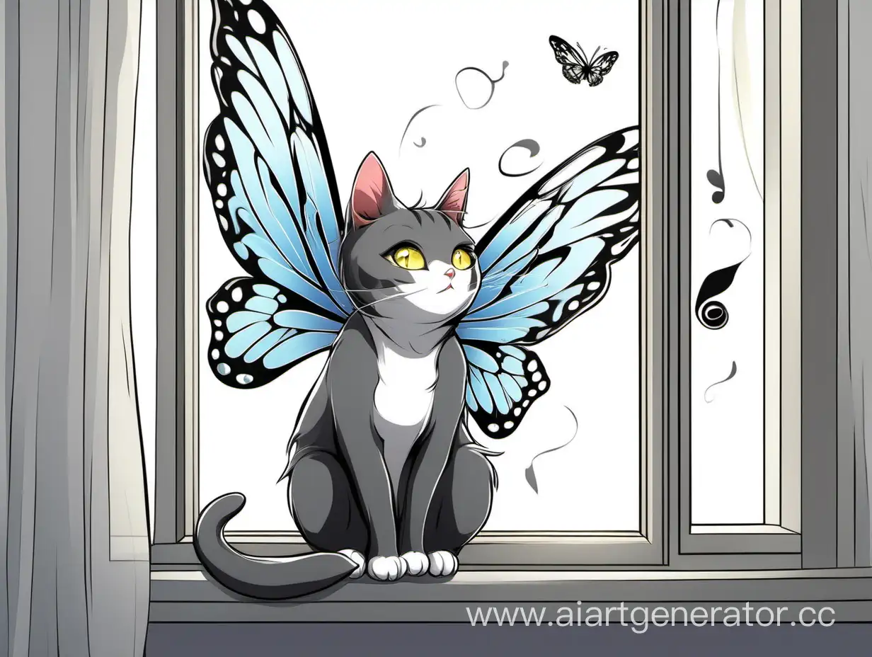 The cat with wings like a butterfly looks out the window and sings