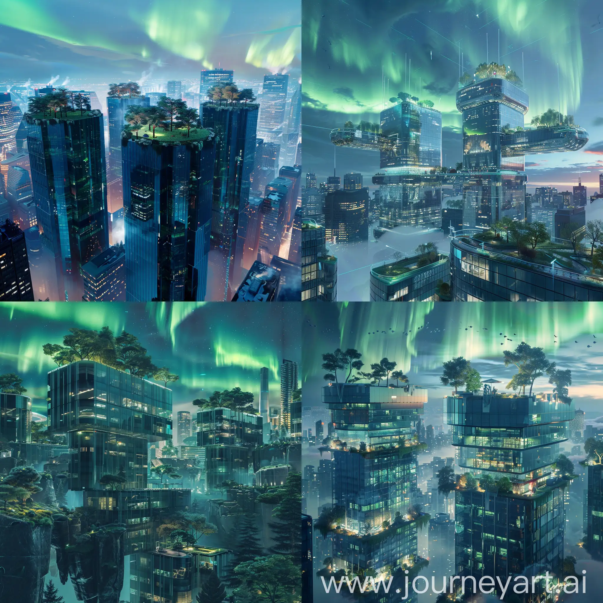 Photograph of a beautiful futuristic city of gigantic minimalist glass skyscrapers, parks on top of buildings, northern lights