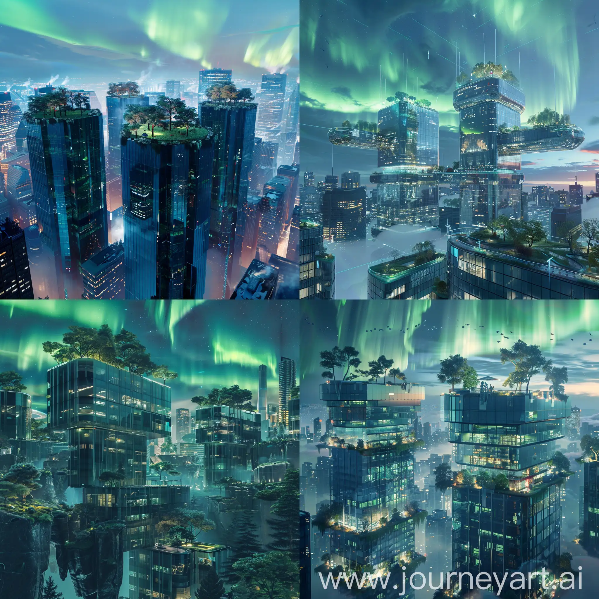 Futuristic-Glass-Skyscrapers-Amidst-Northern-Lights