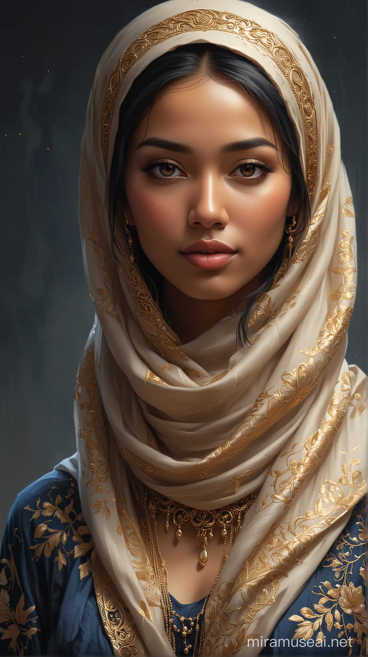 Malay woman adorned in a hijab and shawl, gold accents, Charlie Bowater style, incorporating the dark blue-black palette and beige tones found in Michael Garmash’s work, soft-focused realism, aspect ratio 24:37, stylisation factor 750, hyper-detailed as in Miki Asai’s macro photography, sharp focus, intricate details, trending on ArtStation