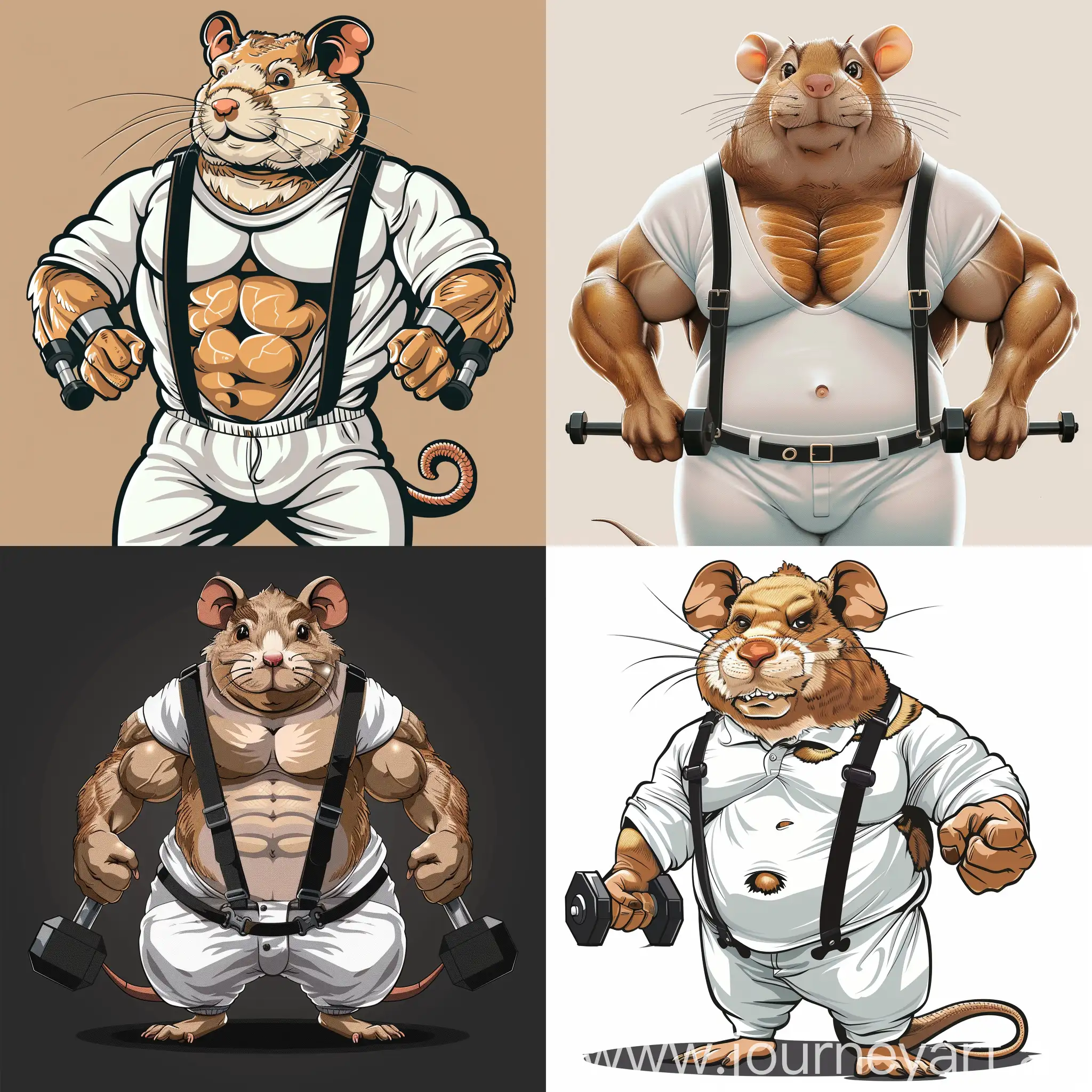 a large muscular rat with white sports clothing, showing its full body, with a marked body with abs and pectorals, a cartoon image to print on a t-shirt, the rat holds some dumbbells, one in each hand and is wearing a t-shirt black suspenders that show off his muscular body.