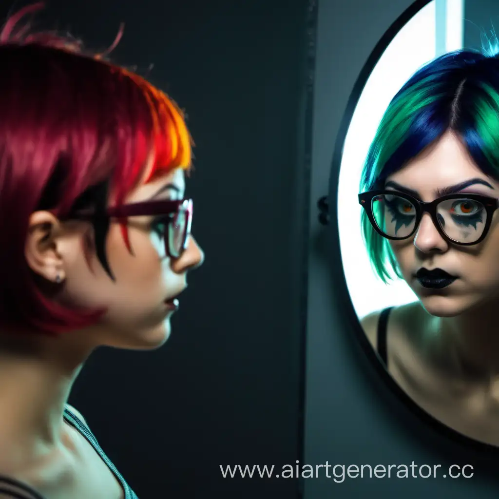 девушка с короткими цветными волосами в очках смотрит в зеркало, на неё смотрит демон
