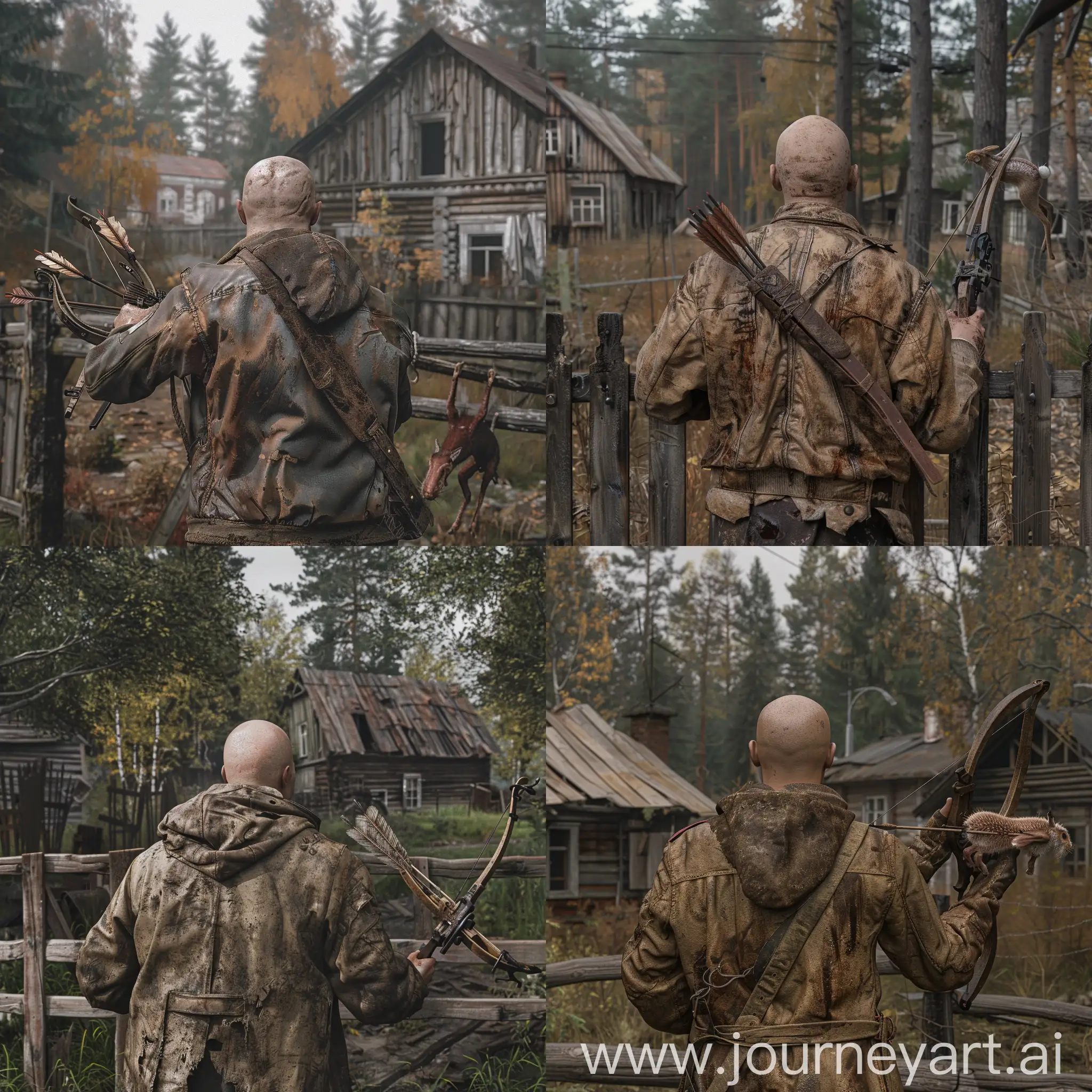 man, bald head, old jacket, back view, crossbow in hand, hare carcass in the other hand, village, Russia, abandoned houses, trees, forest, man standing near the fence of one of the houses, the fence is wooden, hyper-realism, 8K image quality, ultra detail 