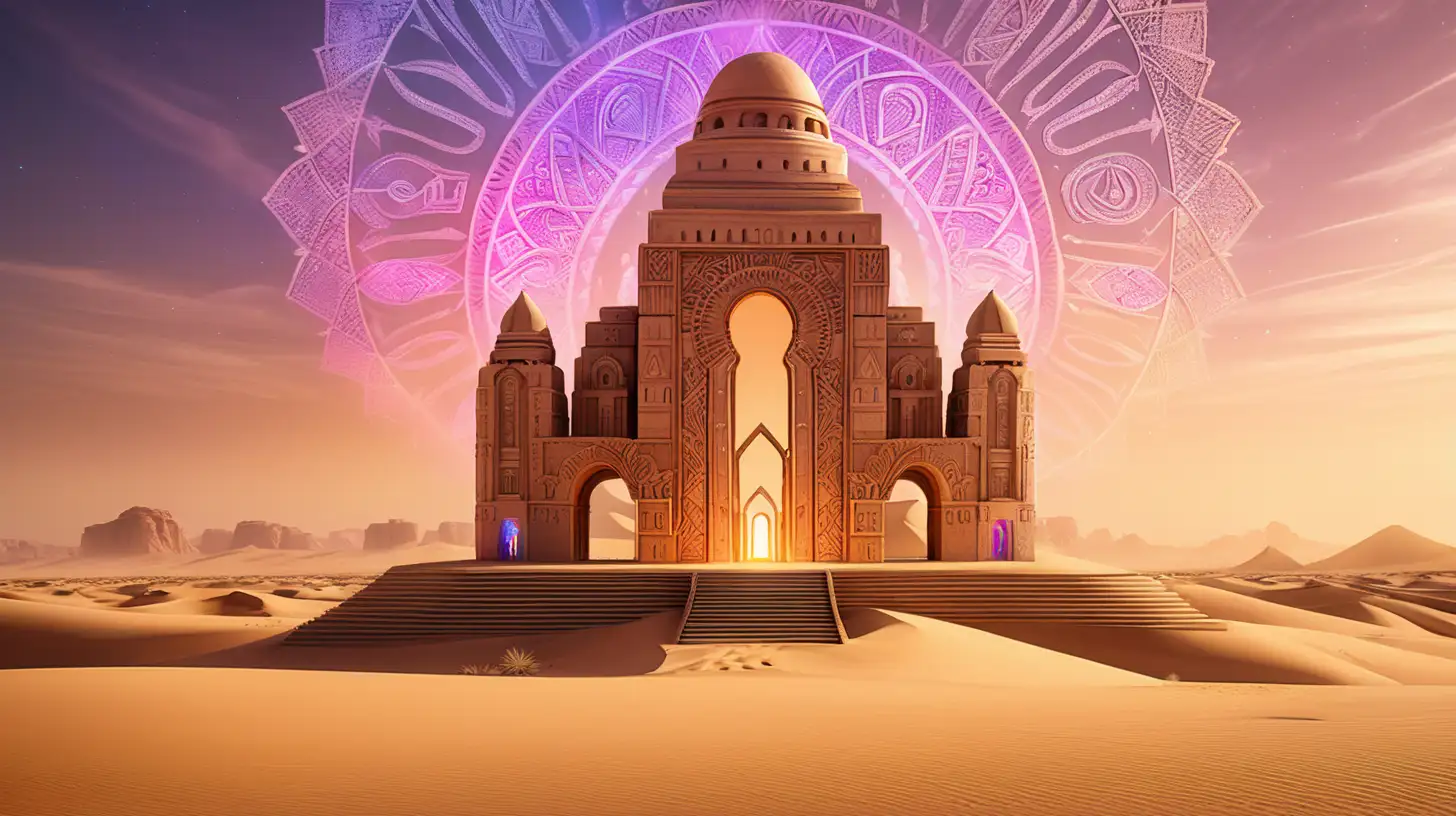Psychedelic Oasis Mirage of a Glowing Desert Temple with Intricate Patterns