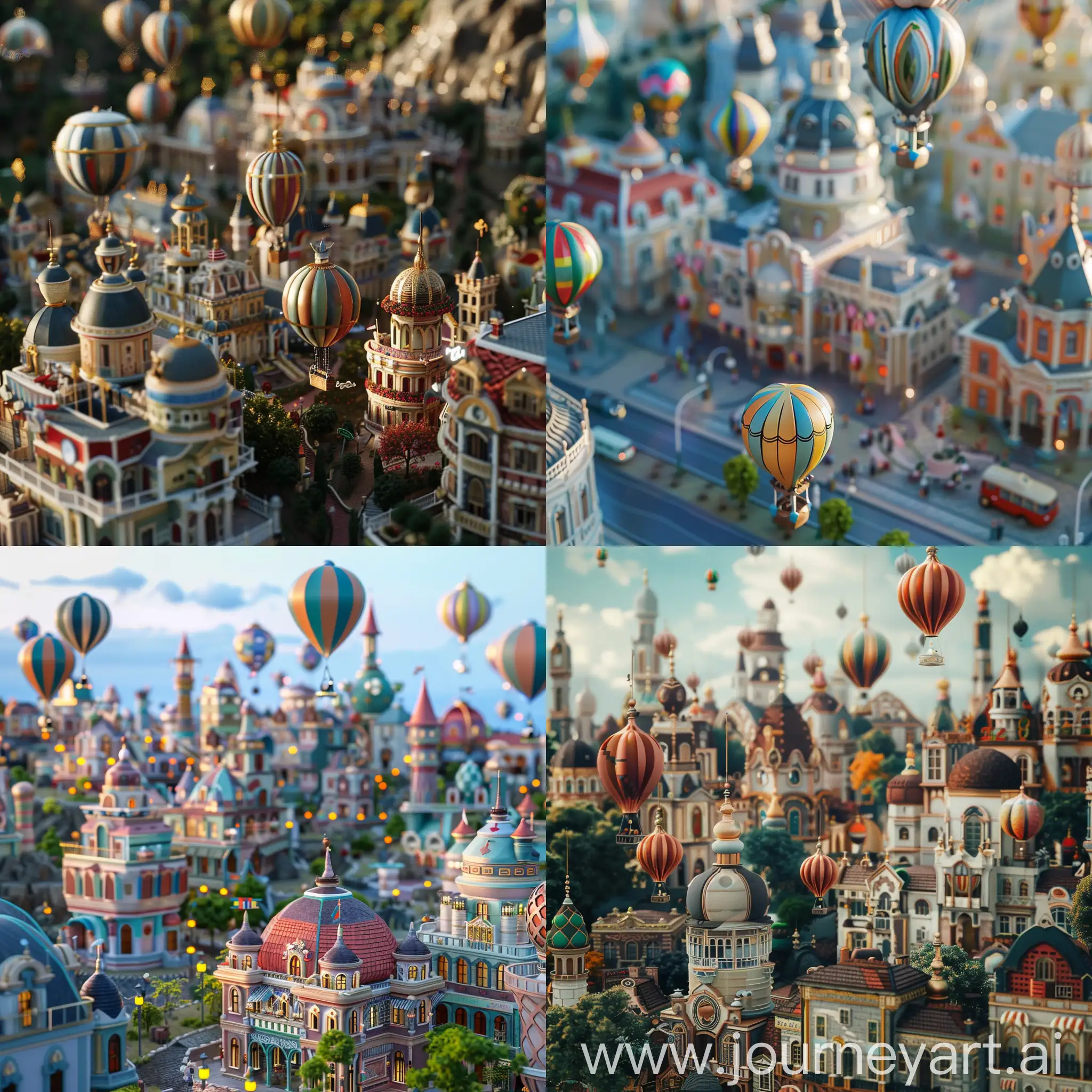 fun and beautiful citycsape with tiny hot air balloons and giant fun looking buildings