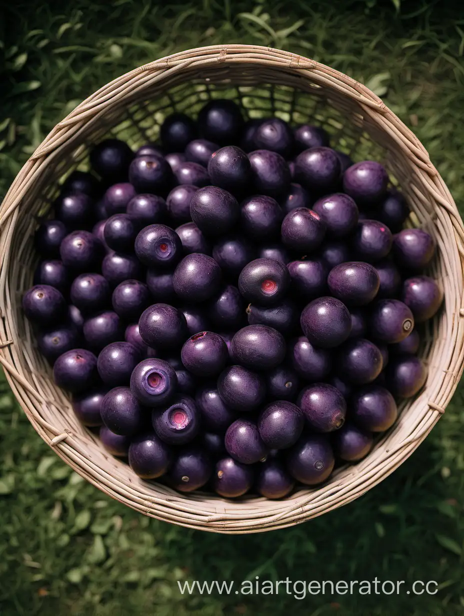 Açaí fruit purple berry in wooden basket some on ground