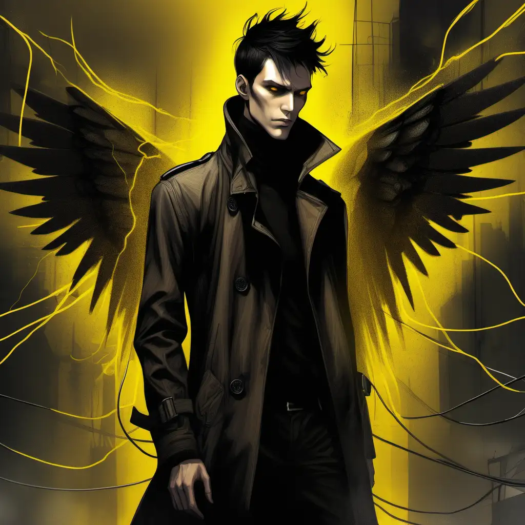 Profile of male with wings, surrounded by yellow electricity, dark hair, yellow eyes, tan skin, wearing a black turtleneck and trenchcoat, tall and thin, gothic style