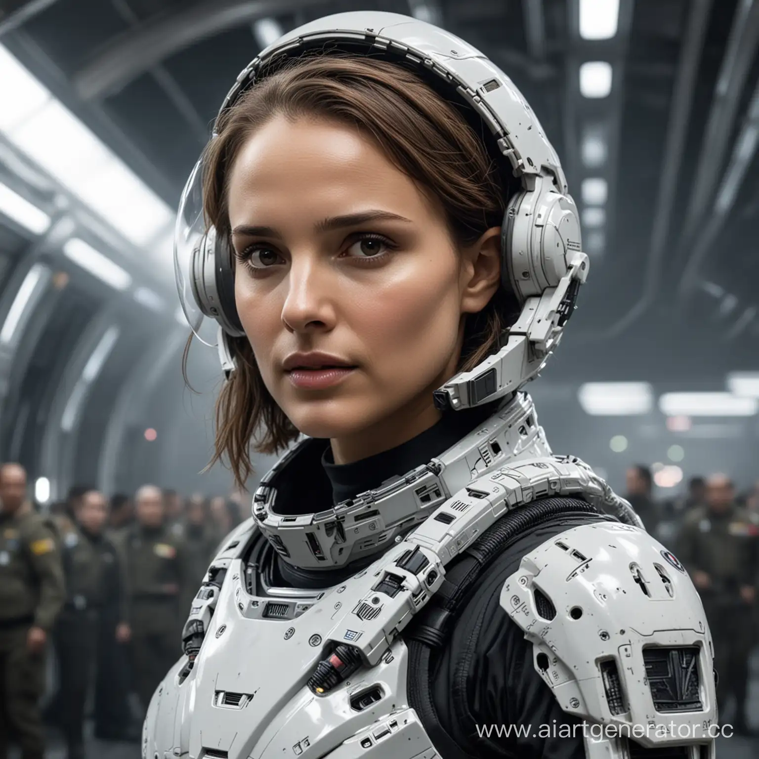 natalie portman, sci-fi, battle wearing futuristic soldier returning to an alien space station