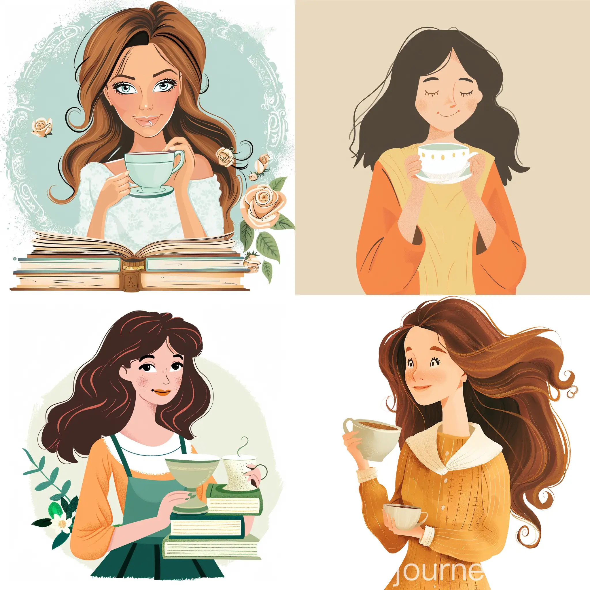  woman holding tea cup ,  coming book style cartoonish, happy 
