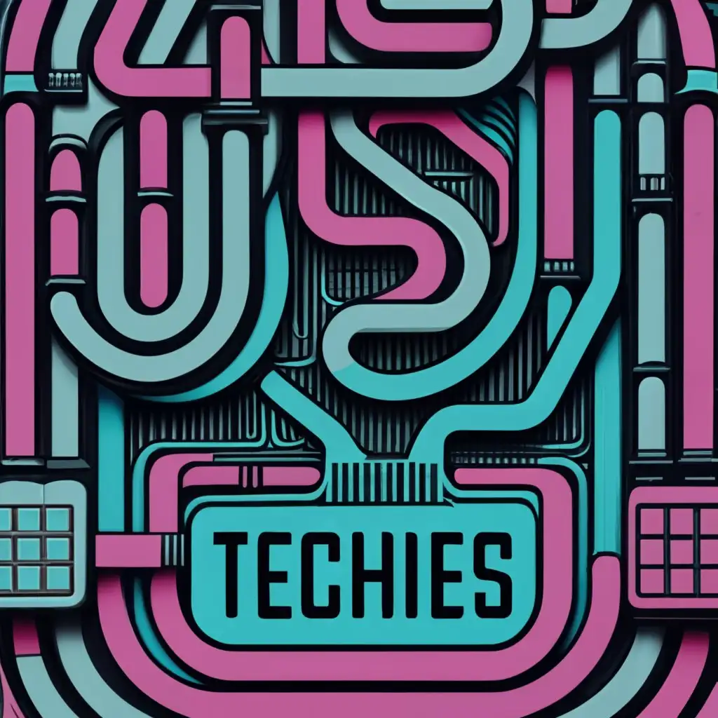 logo, pink and blue ,clean ,sharp , cable connector, with the text "Techies", typography, be used in Internet industry
